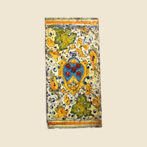 Mattonella rettangolare cm  30 x 15 decoro stemma Medici con foglie di Cafaggiolo verdi