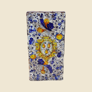 Mattonella rettangolare cm  30 x 15 decoro stemma Peruzzi con foglie dfi Montelupo